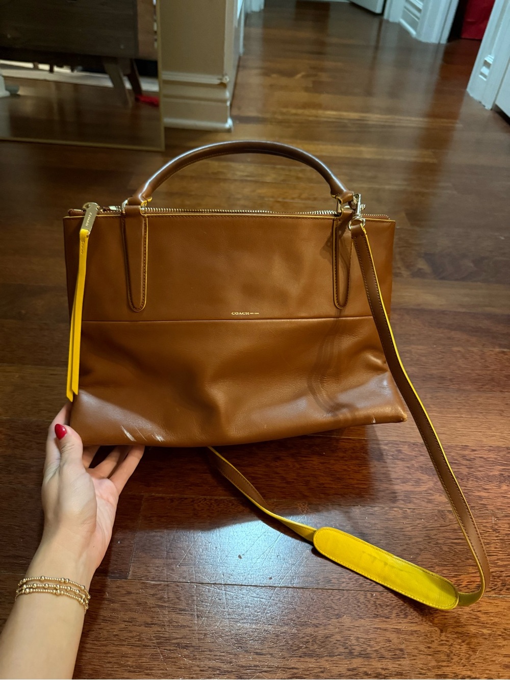 Coach Brown Leather Shoulder Tote with Yellow Trim